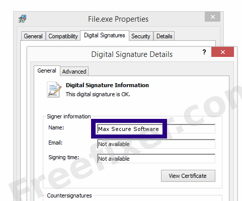 Screenshot of the Max Secure Software certificate